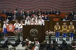 Pioneers greeting participants of Young Communist League Congress, 1974