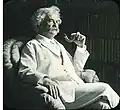 Mark Twain at home in Connecticut, hand-painted glass plate photograph