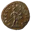 A Roman coin showing an antoninianus of Carinus holding pilum and globe