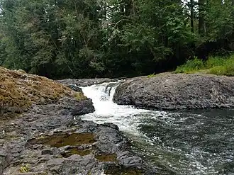 Small waterfall passing between boulders in front of some trees