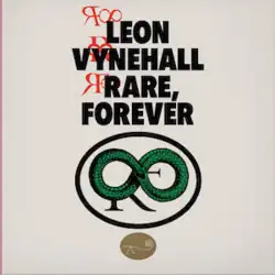 The name of the artist and album written in Impact font, with three instances of the letter R and the infinity symbol in various arrangement layered under the left side. Below all this is a black oval around a larger version of the R and infinity symbol logo, with only the legs of the R visible sticking out of the bottom of the left side of the infinity which is made of a snake. A smaller gold stamp with a curly line shape is below that. The background is plain off-white, and there's a thin raspberry-colored strip on the left side.