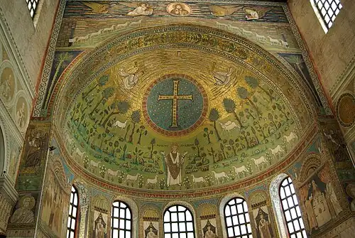 The apse is lavishly decorated with mosaics, such as the Crux Gemmata