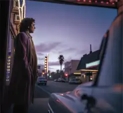 AI-generated cinematic shot at dusk of a colorful movie scene with neon lights and a man outside