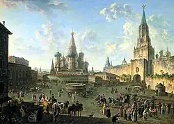Red Square with St. Basil's Cathedral and Moscow Kremlin in background, by Fyodor Alekseyev, 1801