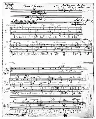 Page of sheet music, the autograph of Reger's Requiem of 1915, with handwritten title and dedication on the lines for musical notation