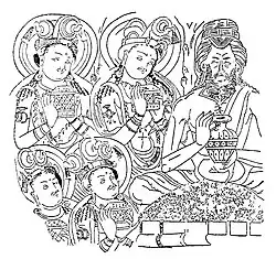 The sharing of the relics of the Buddha by the Brâhmana Drona, to eight kings (four are visible). Relief from the Cave of the Painters, Kizil Caves, circa 500 CE