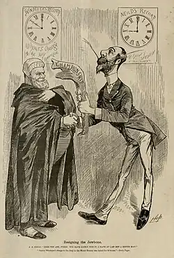 'Resigning the Jawbone', a cartoon by Livingston Hopkins, depicting John 'Jawbone' Neild and Justice Windeyer, published in The Bulletin, 4 December 1886.