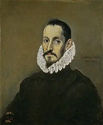 Portrait of a bearded nobleman in dark clothing with white ruff collar against a dark background