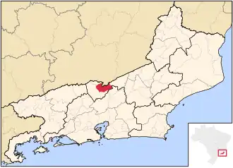 Location of Três Rios in the state of Rio de Janeiro