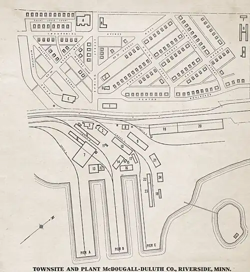 Map Riverside company town in 1918 and the shipyard of McDougall Duluth Shipbuilding