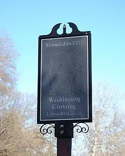 Photo of a sign saying Washington Crossing Upper Makefield, Founded in 1737 - formerly the Village of Taylorsville, Pennsylvania
