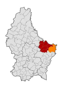 Map of Luxembourg with Rosport-Mompach highlighted in orange, and the canton in dark red