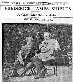 Charles Rowley and Frederic Shields in his garden, photographed by Emily Thomson