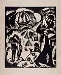 Kiddush levana (1923) by Reuven Rubin. Woodcut. A man jumps toward the moon, which is full to represent "May it be your will for the moon to wax . . ."[641]