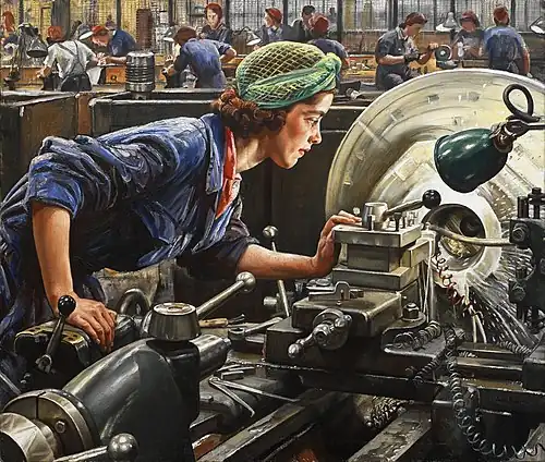 Image 1 Ruby Loftus Screwing a Breech Ring Painting: Laura Knight Ruby Loftus Screwing a Breech Ring is a 1943 painting by the British painter Laura Knight depicting a young woman, Ruby Loftus (1921–2004), working at an industrial lathe as part of the British war effort in World War II. The painting was commissioned by the War Artists' Advisory Committee, and is now part of the Imperial War Museum's art collection. The painting brought instant fame to Loftus, and has been likened to the American figure of "Rosie the Riveter". More selected pictures