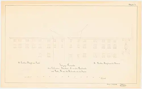 Facade to the park, left wing; Facade to the street, right wing