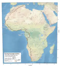 A map of Africa showing the route taken by Russ Cook during his Project Africa run. The route segments for each day are shown in alternating colours, against a background map showing the land cover, country outlines, and major cities.