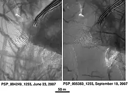 Russell Crater Dust Devil Changes in Noachis quadrangle, as seen by HiRISE. Click on image to see changes in dust devil tracks in just 3 months.