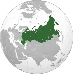 Russian territory since the 2022 annexation of Ukrainian territory on the globe, with unrecognised territory shown in light green.[a]