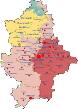 Territory of Ukraine's Donetsk Oblast controlled by Russia as DPR shown in red and pink; territory claimed but not controlled shown in yellow and blue[2]