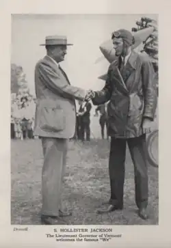 Lt. Gov. S. Hollister Jackson greets Charles Lindbergh after his historic flight.