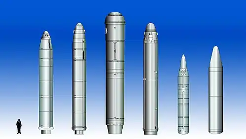 Selected Russian and Chinese SLBMs. L to R: R-29 Vysota (SS-N-8), R-29R (SS-N-18), R-39 (SS-N-20), R-29RM (SS-N-23), JL-1, JL-2