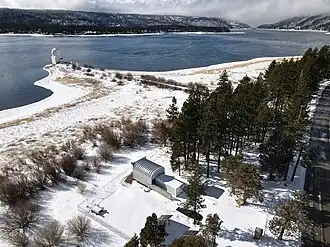 SOLIS on the shore of Big Bear Lake, California. White dome in the background is the Goode Solar Telescope