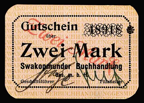 A two-mark Swakopmunder Buchhandlung note issued in 1916