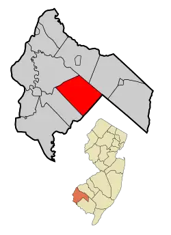 Alloway Township highlighted in Salem County. Inset map: Salem County highlighted in the State of New Jersey.