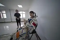 Samantha Cristoforetti in a Chinese pressure suit at an ACC training session