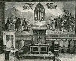 The mural of Saint Marinus in the Council’s chamber, with the seat of the captains regent in the foreground, in 1900