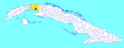 San Nicolás municipality (red) within Mayabeque Province (yellow) and Cuba