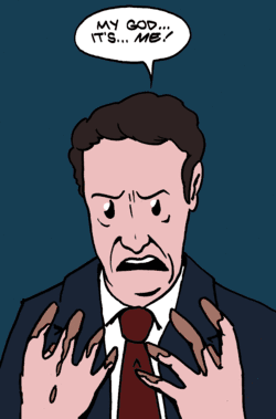 A cartoon caricature of Rick Santorum looking at his hands— which are contaminated with a brown substance —in horror, while saying "My god… it’s… me!"