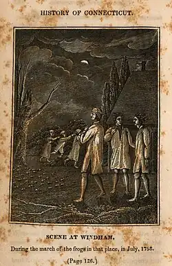 A book page featuring an engraving of three men in the foreground, and three others in the background, all dressed in nightclothes. Dozens of frogs can be seen on the ground. Text at the top of the page reads "History of Connecticut" and a caption at the bottom reads "Scene at Windham, During the march of the frogs in that place, in July, 1758. (Page 126.)"