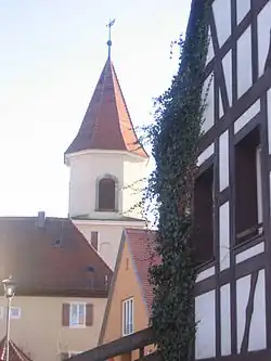 Village center with St. Martin Church and community center from the southwest