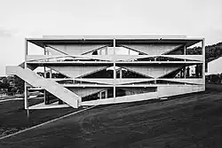 Black and white photograph of a school building in Thal, Switzerland