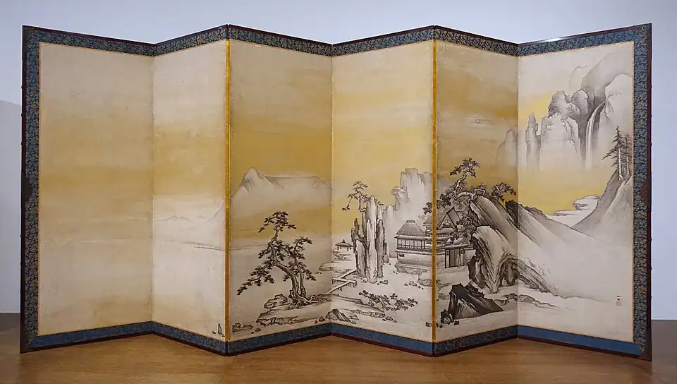 A Monk Claps His Hands, ink painting on a folding screen. Mid 1600s.