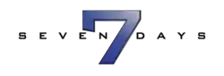 The logo for Seven Days uses a modified version of the "Agency FB Regular" font, with the modified "7" in the logo gradients from white on the upper right into a navy blue color.