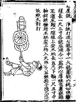 A 'seven star cannon' (qi xing chong) from the Huolongjing. It was a seven barreled organ gun with two auxiliary guns by its side on a two-wheeled carriage.