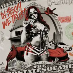 Sexyy Red on a caricature of a US bank note with a $4500 value, wearing sunglasses and a bikini top and shorts with an American flag design on them
