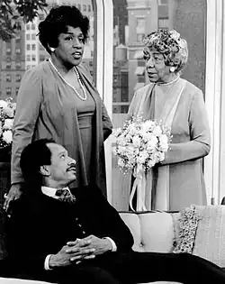 The cast of The Jeffersons in 1976. The Jeffersons ran from 1975 to 1985, and was the second-longest running TV series with a mainly African-American cast.[30][31]