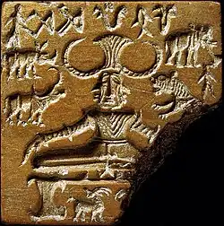 Proto-Shiva Stamp Seal; c. 2400–1900 BC; steatite; height: 3.6 cm; National Museum (New Delhi)[24]