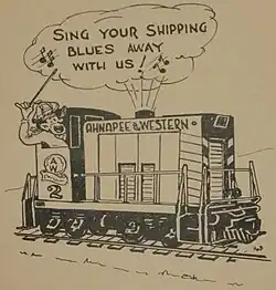 Cartoon advertisement in the Sing Brother, Sing! Sing booklet published by the Ahnapee and Western Railway