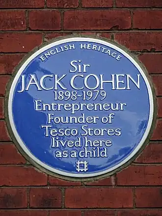 Image 11Plaque in London commemorating Jewish entrepreneur Sir Jack Cohen who in 1919 founded Tesco, the largest supermarket chain in the UK. (from Entrepreneurship)
