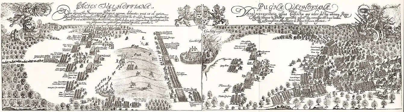 The battle depicted on a contemporary engraving with the format 290&nbsp;mm x 1070&nbsp;mm.