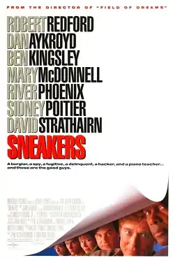 At the top, the names of the cast in block type against a white background. In the lower right corner, the white background is curled up to reveal the faces of Poitier, Redford, Aykroyd, McDonnell, Phoenix and Strathairn peaking out.