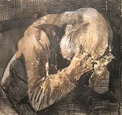 Sorrowful old man (F998, JH269) pencil, black lithographic crayon, wash, white opaque watercolour, on watercolour paper, 1882, Kröller-Müller Museum[34]
