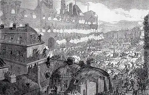 View of the uprising from a Parisian rooftop. Hundreds of people are agitated in the Place de l'Hôtel de Ville: most are fleeing, some are firing their guns and others are on the ground. Shots were also fired from all the houses surrounding the square. From the hotel, all the windows are occupied by soldiers firing.
