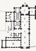 The Louvre's ground floor in 1836 (by Theodor Josef Hubert Hoffbauer&nbsp;[fr], 1870s) showing the Escalier Percier et Fontaine flanking the Rotonde de Mars (marked "C")