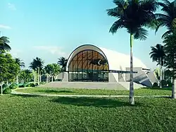 An exterior rendering of the proposed Stage 1 of the South Pacific WWII Museum, that mimics a WWII Quonset hut.